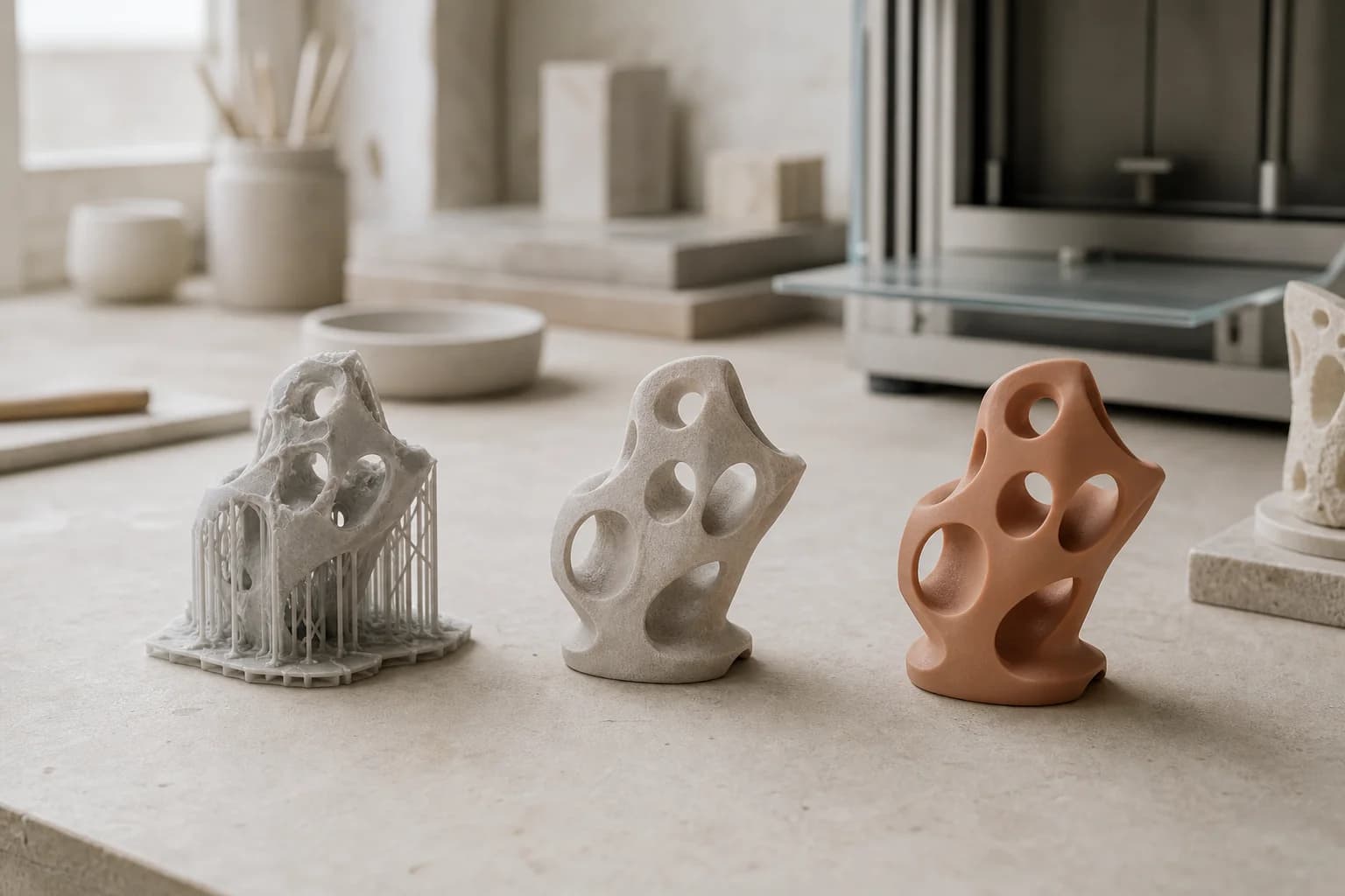 Établi de l’atelier avec des pièces à différents stades